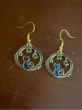 Gold Tone Cat & Star Enamel Dangle Earrings - Blue & Green